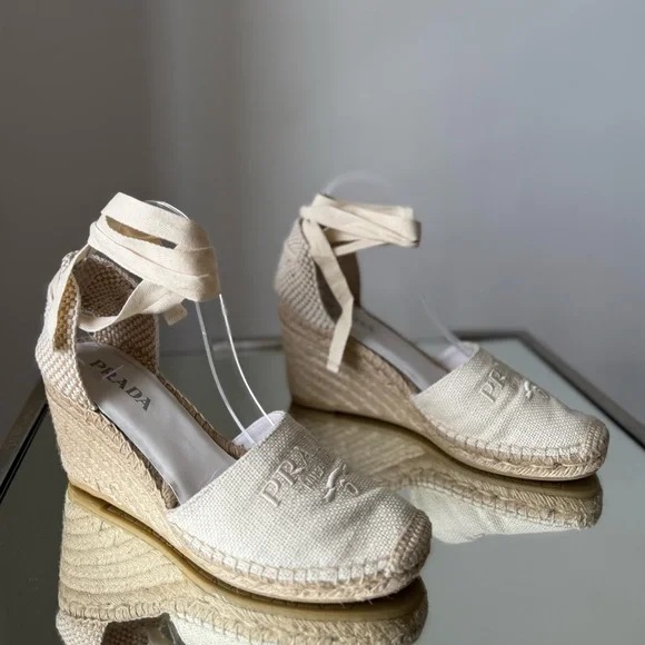 Like New Prada Linen Espadrille Wedge Sandals 41 - Picture 9 of 11